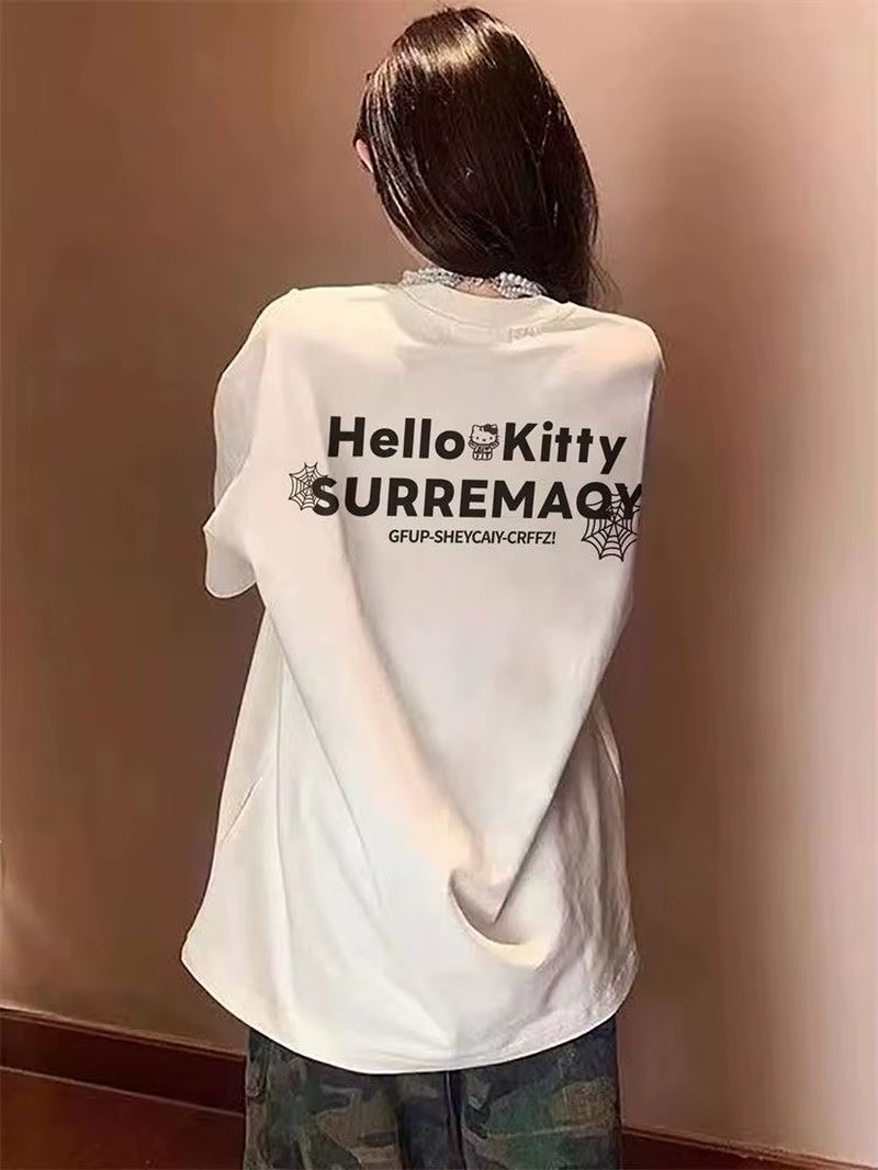 Sanrio Hello Kitty T Shirt 100% Cotton Cartoon Kawaii Gothic Hello Kitty Summer Tshirt Y2K Women Oversized White Tees Streetwear