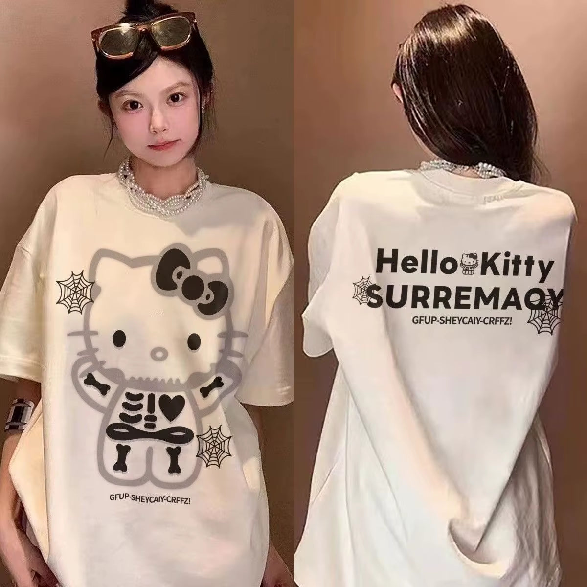 Sanrio Hello Kitty T Shirt 100% Cotton Cartoon Kawaii Gothic Hello Kitty Summer Tshirt Y2K Women Oversized White Tees Streetwear