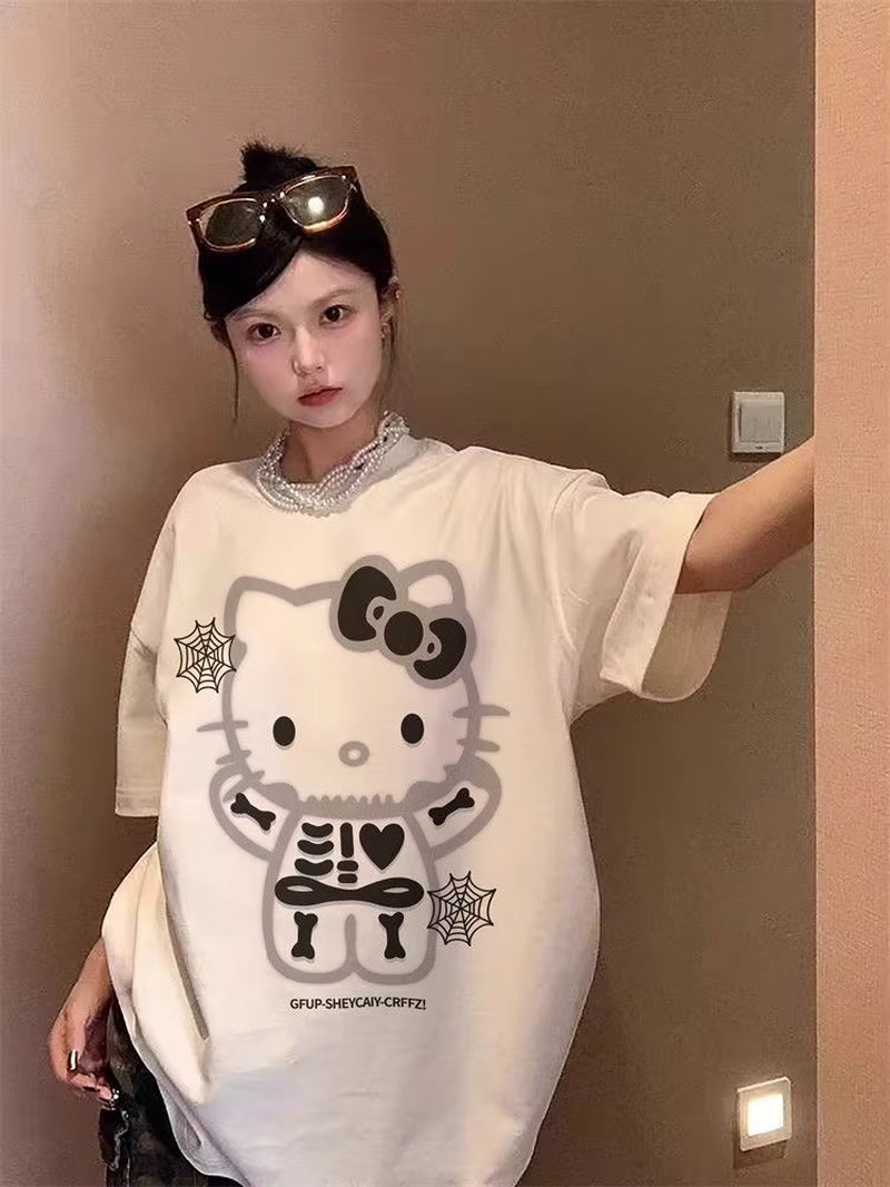 Sanrio Hello Kitty T Shirt 100% Cotton Cartoon Kawaii Gothic Hello Kitty Summer Tshirt Y2K Women Oversized White Tees Streetwear