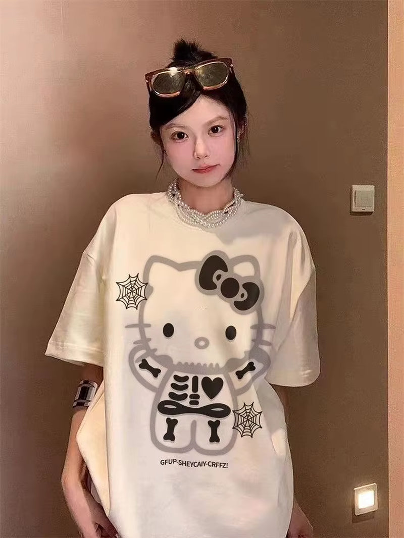 Sanrio Hello Kitty T Shirt 100% Cotton Cartoon Kawaii Gothic Hello Kitty Summer Tshirt Y2K Women Oversized White Tees Streetwear