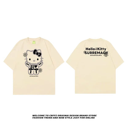 Sanrio Hello Kitty T Shirt 100% Cotton Cartoon Kawaii Gothic Hello Kitty Summer Tshirt Y2K Women Oversized White Tees Streetwear